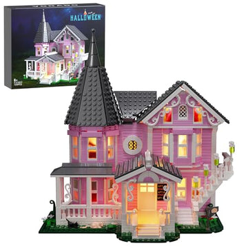 Pink Palace House Building Set with Lights, Halloween Haunted House Blocks Toy, Halloween House Kit for Kids Adults, Compatible with Lego, Christmas