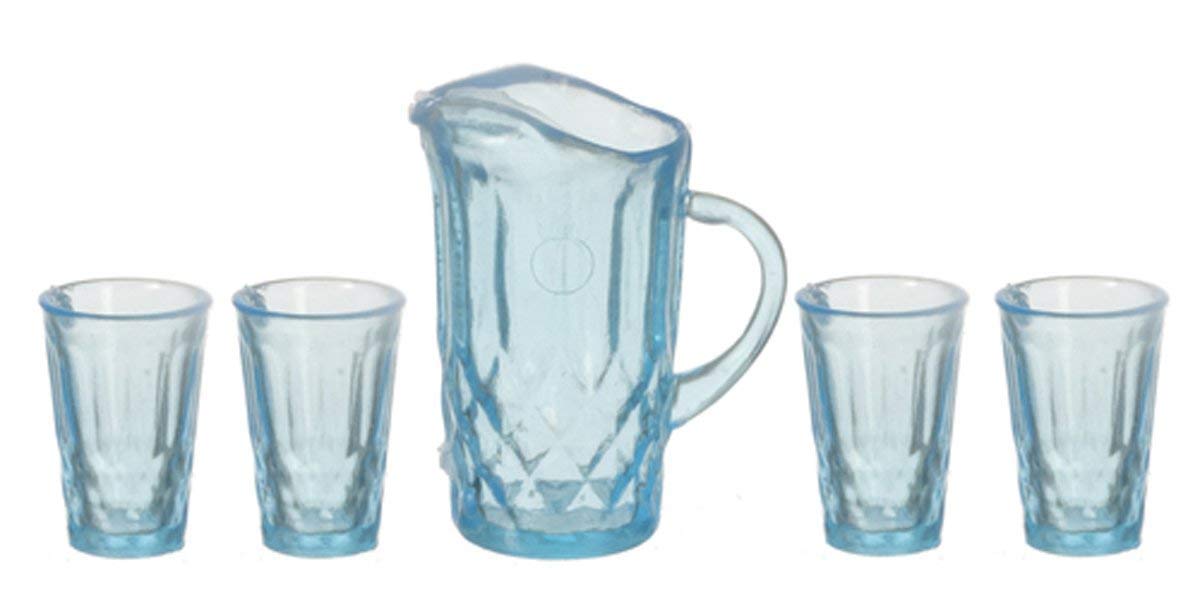 Dollhouse Miniature Chrysnbon Blue Pitcher with 4 Glasses