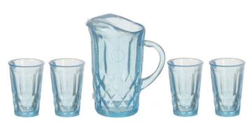 Dollhouse Miniature Chrysnbon Blue Pitcher with 4 Glasses