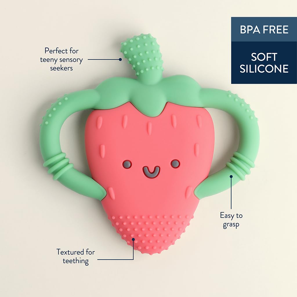 Itzy Ritzy Strawberry-Shaped Baby Teether with Handles - Silicone Teether for Babies with Easy-Grab Handles and Textured, Teethable Surfaces - Baby