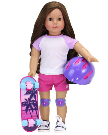 Sophia's Palm Tree Skateboard, Helmet and Knee Pads Set 18" Dolls, Multicolor