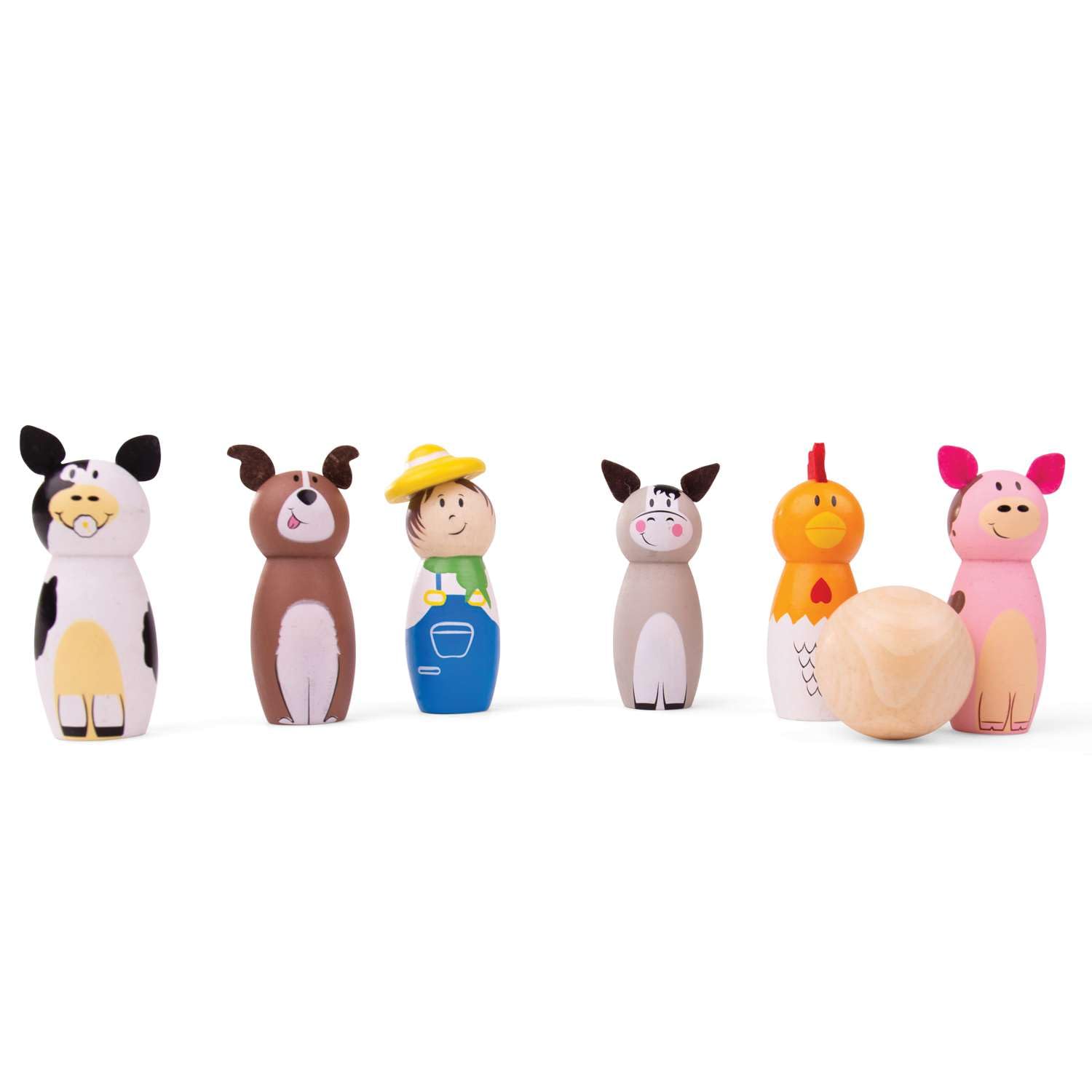 Bigjigs Toys Farm Wooden Skittles - Wooden Skittles for Toddlers with 6 Animal Skittles & 1 Bowling Ball, Educational Toy & Gifts for Kids Aged 2