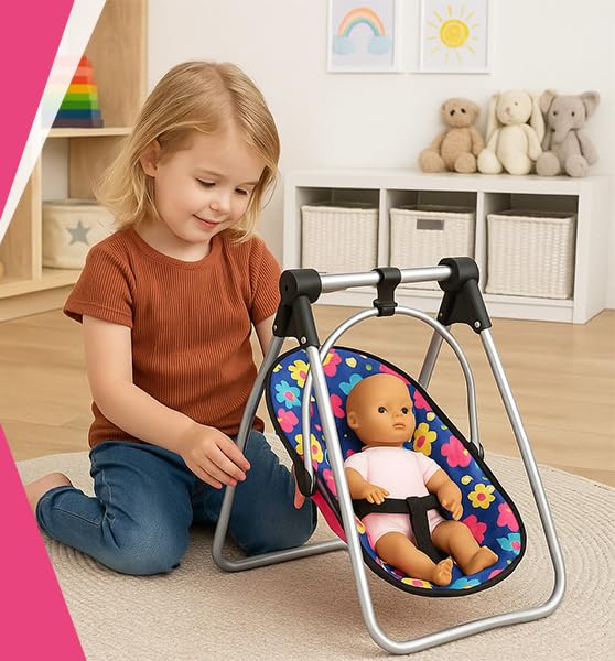 Fash n kolor 3 Piece Baby Doll Play Set - Polka-Dot Design Pack n Play, Foldable Doll Stroller, High Chair - Fits 18 Inch Dolls - Pretend Play Doll