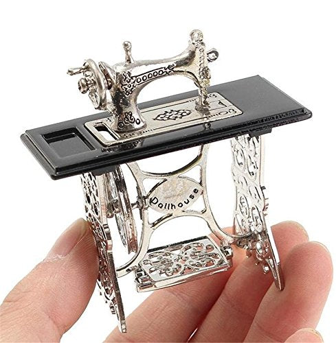 EatingBiting 1/12 1:12 Scale mini House Miniatures Furniture Vintage Silver Sewing Machine Table Metal, Sewing Machine Pedal Can Move, Worth