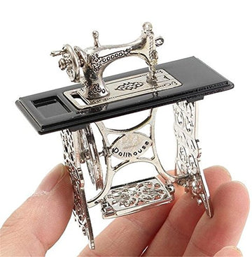 EatingBiting 1/12 1:12 Scale mini House Miniatures Furniture Vintage Silver Sewing Machine Table Metal, Sewing Machine Pedal Can Move, Worth