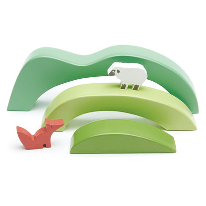 Tender Leaf Toys - Green Hills View - Wooden Stacking, Building Toy Stacker, Blocks - Open-Ended Toy Set with Green Hills View for Inspires Creative