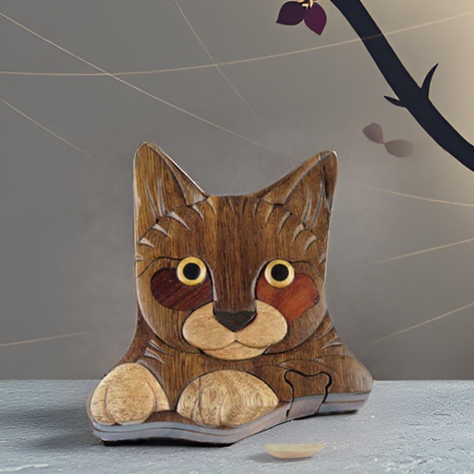 Hand?Carved Cat Puzzle Box - Natural Intarsia Wooden Keepsake Box with Secret Compartment - Artisan Wood Cat Gift