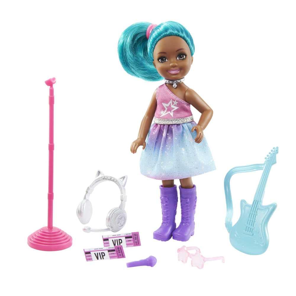 Barbie Chelsea Can Be Playset with Brunette Chelsea Rockstar Doll (6-in), Guitar, Microphone, Headphones, 2 VIP Tickets, Star-Shaped Glasses, for Ages
