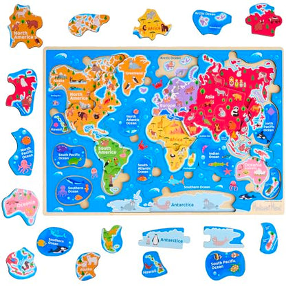 Montessori Mama World Map Wooden Puzzle, Continents and Oceans Puzzles for Kids Ages 4-6. Perfect Educational Toys for 4 Year Old Including Global