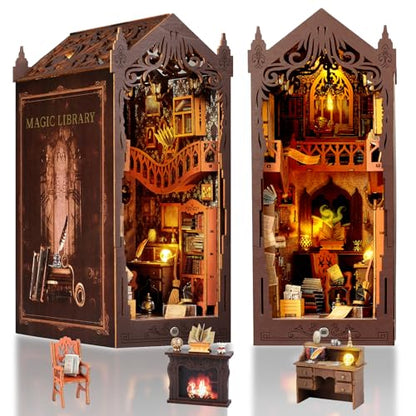 FASTSPOK DIY Book Nook Kit: 3D Wooden Puzzle Shelf Insert with LED Light - Miniature Dollhouse Bookend Decor for Adults and Teens - Creative Gift
