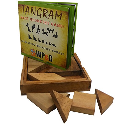 Tangram Wooden Puzzle Geometry Game, with 48 Silhouette Challenge Booklet