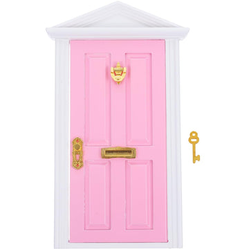 Yardwe Mini Wooden Fairy Door with Spire Design, 1:12 Scale Dollhouse Accessories for Decoration, Pink Door with Key for Christmas, Birthday, Wedding