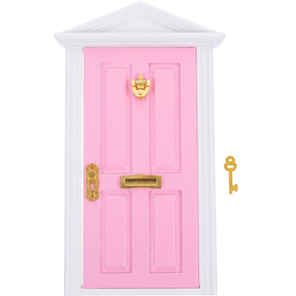 Yardwe Mini Wooden Fairy Door with Spire Design, 1:12 Scale Dollhouse Accessories for Decoration, Pink Door with Key for Christmas, Birthday, Wedding