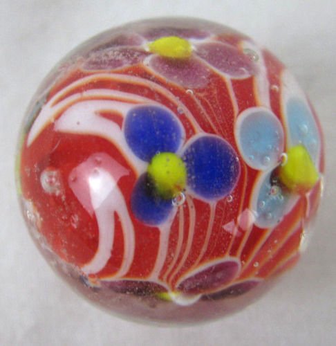 Big Game Toys~22mm (7/8") Dahlia Hand Made Art Glass Marble w/Stand Clear/Red/Blue/Pink Flower