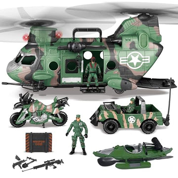 JOYIN 10-in-1 Military Helicopter Toys Set with Light, Sound, Trucks, Boat, Bike, Army Men, Weapons - Christmas Birthday Party Gifts for Kids