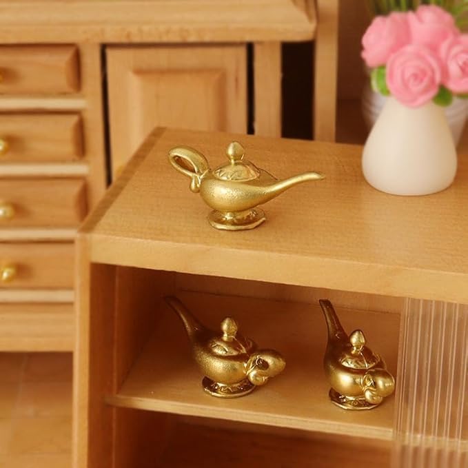 2Pcs Gold 1/12 Miniature Aladdin Genie Lamp Decoration Accessories?Genie Lamp?Dollhouse DIY Accessories?Dollhouse Decor Shooting Props