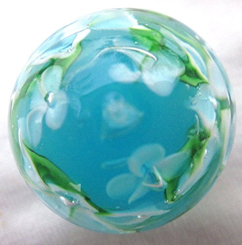 Big Game Toys~22mm (7/8") Hibiscus Hand Made Art Glass Marble w/Stand Turquoise/Blue/White Flower