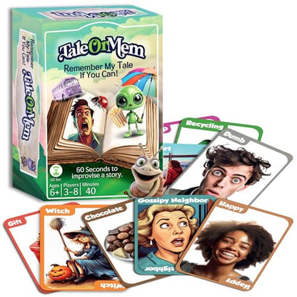 TaleOrMem - Award-Winning Improv Game for Adults & Kids. A creative mix of tall tales story telling game and recall skills. Contains 180 Story Telling