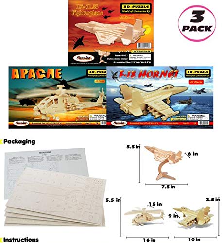 Puzzled Bundle of Aircrafts: F-15, Apache, & F-18 Wooden 3D Puzzles Construction Kits - Fun & Educational DIY Combat Toys, Assemble Model Unfinished