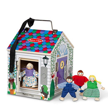 Melissa & Doug Take-Along Wooden Doorbell Dollhouse - Doorbell Sounds, Keys, 4 Poseable Wooden Dolls Portable Doll House, Doorbell House for Kids Ages