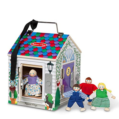Melissa & Doug Take-Along Wooden Doorbell Dollhouse - Doorbell Sounds, Keys, 4 Poseable Wooden Dolls Portable Doll House, Doorbell House for Kids Ages