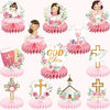 24Pcs Baptism Decorations for Girls, Pink Floral Baptism Centerpieces for Tables, Baptism Decor Honeycomb Centerpiece Double Sided Table Toppers