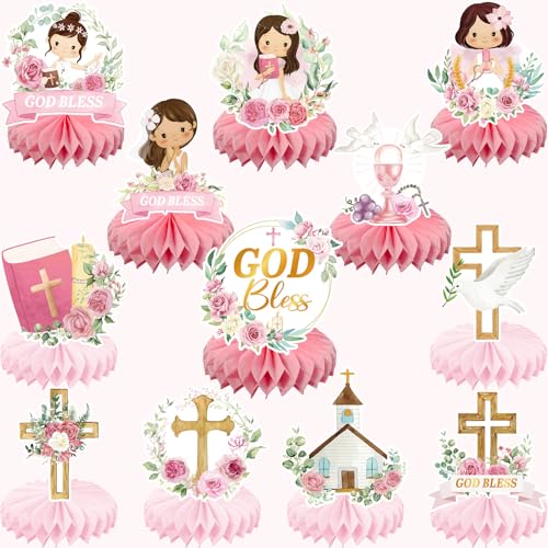 24Pcs Baptism Decorations for Girls, Pink Floral Baptism Centerpieces for Tables, Baptism Decor Honeycomb Centerpiece Double Sided Table Toppers