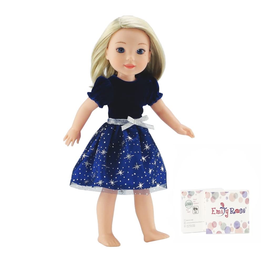 Emily Rose 14 Inch Doll Fashion Clothes Blue/Silver Velvety, Sparkly Party Dress | Compatible with 14.5" Hard-Bodied Wellie Wishers Dolls | USA