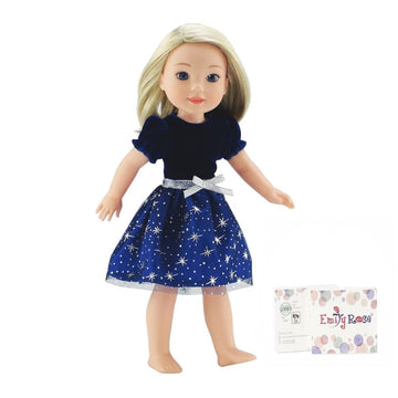 Emily Rose 14 Inch Doll Fashion Clothes Blue/Silver Velvety, Sparkly Party Dress | Compatible with 14.5" Hard-Bodied Wellie Wishers Dolls | USA