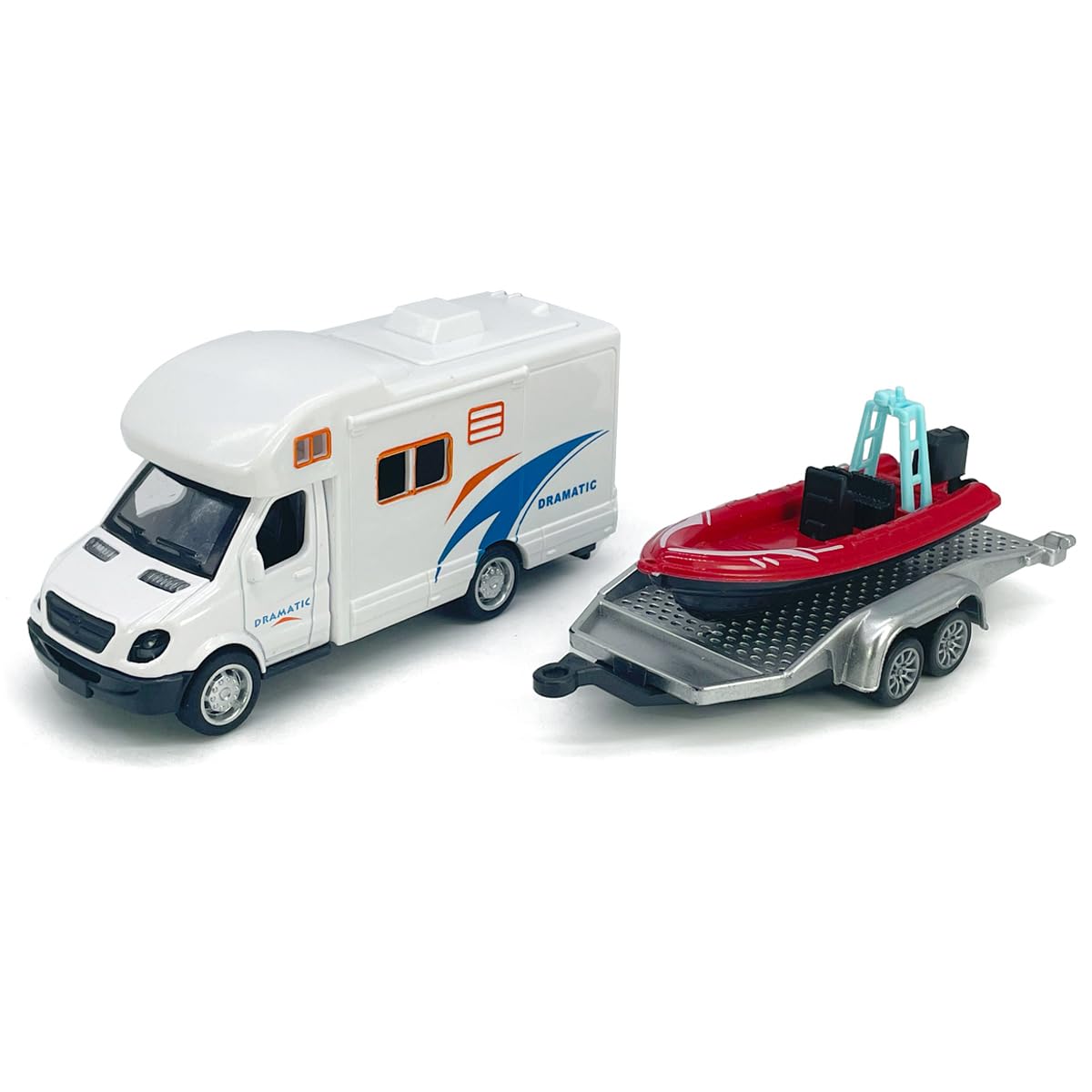 Motorhome Camper Trailer Towing Speed Boat Model Diecast Toys for Boys Pull Back RV Toy Vehicle, Beach Sandbox Outdoor Adventure, 3 4 5 6 7 Year Old