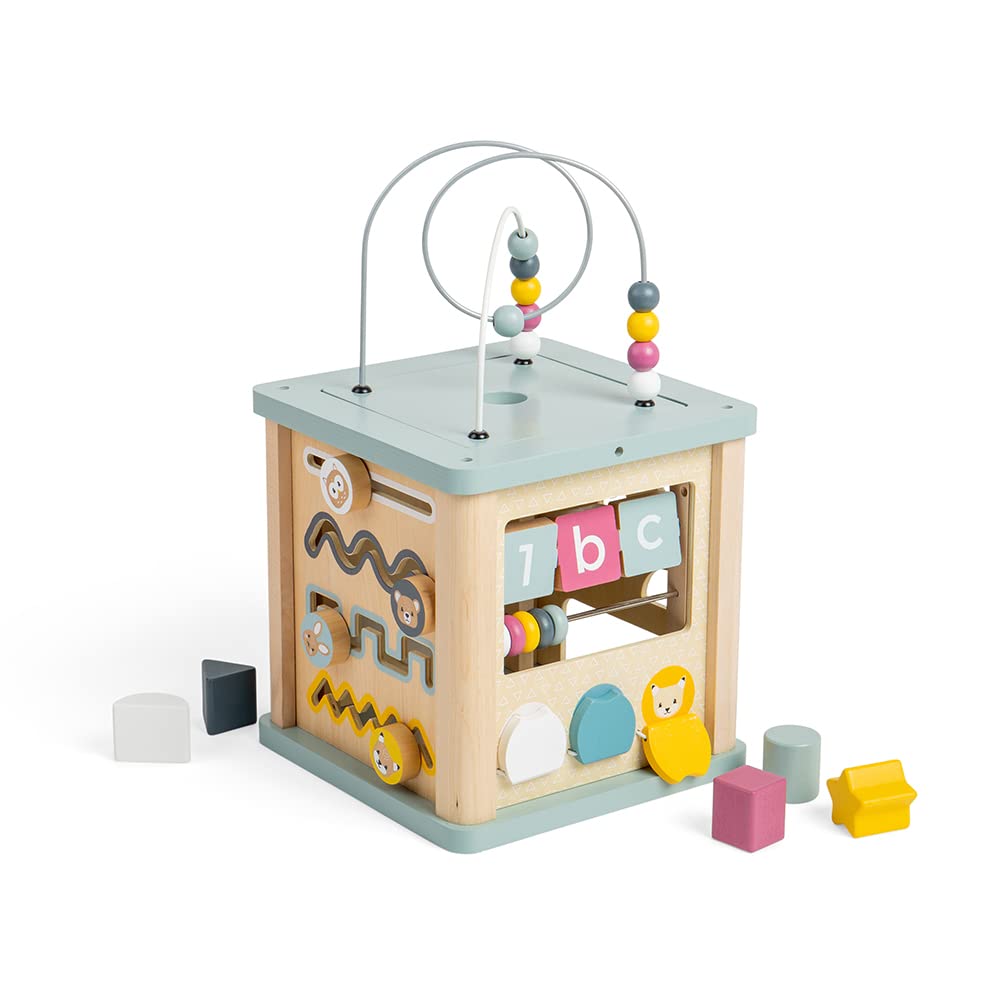 Bigjigs Toys Wooden Activity Cube - 100% FSC® Certified Busy Centre with Shape Sorter & Bead Maze, Sustainable Sensory Toys for 1 Year Old, 22cm W x