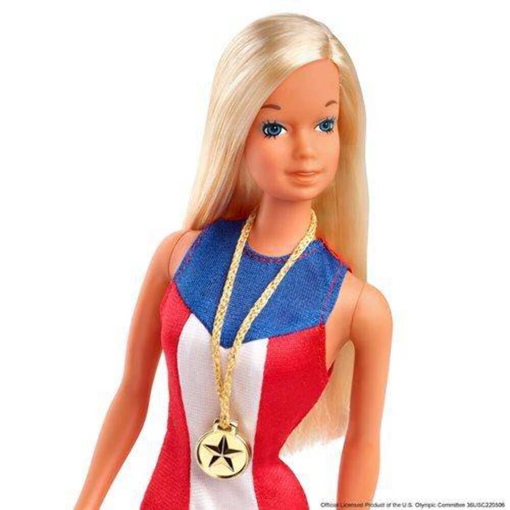 Barbie 1975 Gold Medal Doll Reproduction, Wearing Olympics-Themed One-Piece and Gold Medal Accessory. with Doll Stand and Certificate of Authenticity