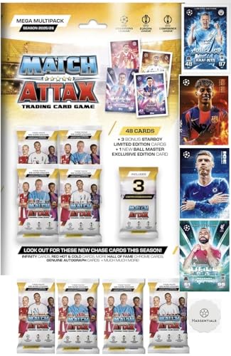 Match Attax New Mega Multipack 25/26 Soccer Cards Includes 48 Cards + 3 LE Cards + Bundle with Hassentials Sticker, 2026 Soccer Cards