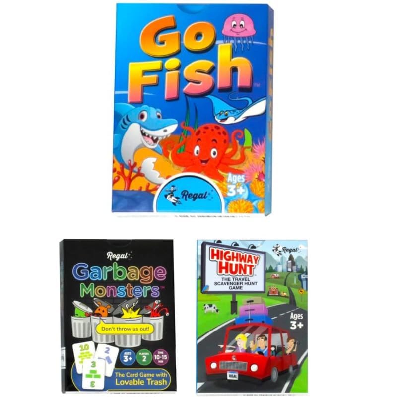 Regal Games - Go Fish, Garbage Monsters, Highway Hunt Card Games Set - Family-Friendly, Fun Card Games - Search & Find, Matching, Counting - Ages 3+