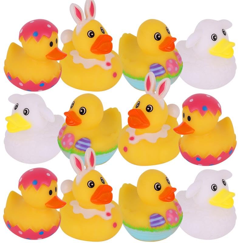 ArtCreativity 2.5 Inch Easter Rubber Ducks for Kids, Assorted Mini, Basket Stuffers, Egg Hunt Surprise Toys, Party Favors, Jeep and Bath, 12-Pack