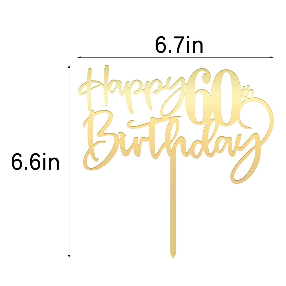 Happy 60th birthday cake Topper,Mirrored Gold Acrylic Durable Cake Topper,60th Birthday Party Cake Decorations,Hello 60th years old, Happy sixty years