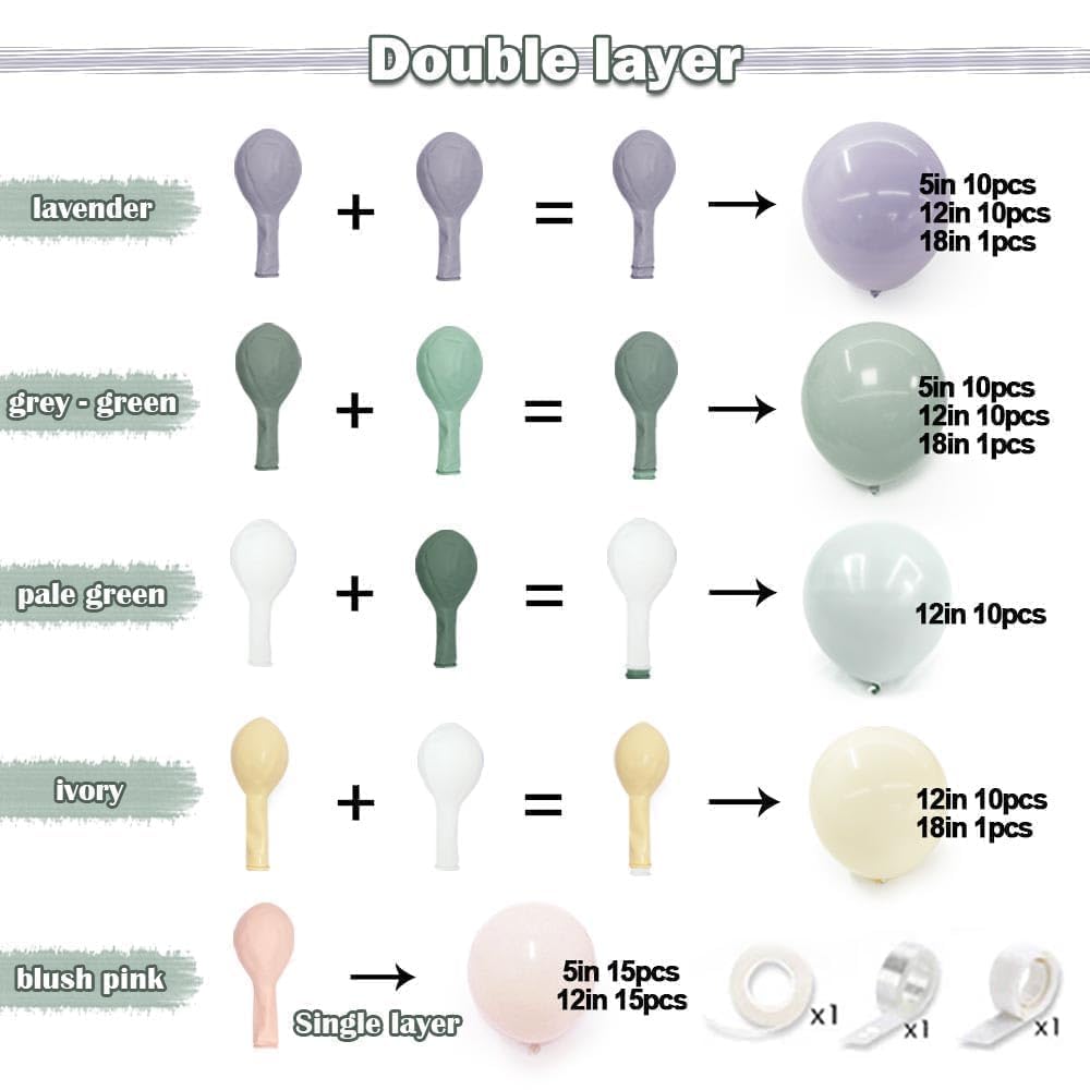 Dusty Green Purple Pink Balloon Arch, Double Stuffed Lavender Light Sage Green Ivory Blush Pastel Balloon Garland Kit for Baby Shower Birthday Wedding