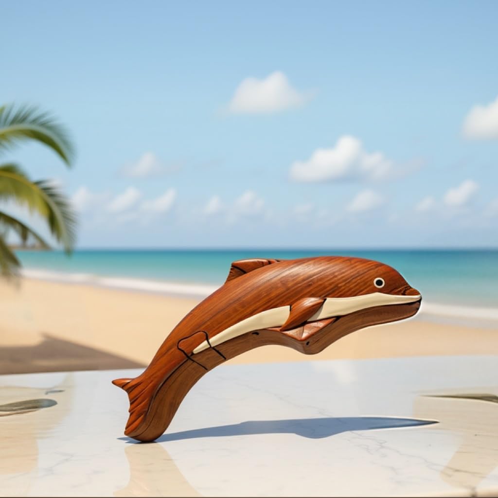 Dolphin Wooden Puzzle Box - Handcrafted Secret Compartment Keepsake, Exotic Natural Hardwood, Unique Jewelry or Trinket Storage