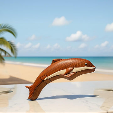 Dolphin Wooden Puzzle Box - Handcrafted Secret Compartment Keepsake, Exotic Natural Hardwood, Unique Jewelry or Trinket Storage