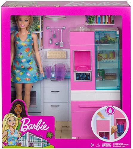 Barbie Doll, 11.5-in Blonde, and Furniture Set, Refrigerator with Working Water Dispenser and Three Kitchen Accessories, Gift for 3 to 7 Year Olds