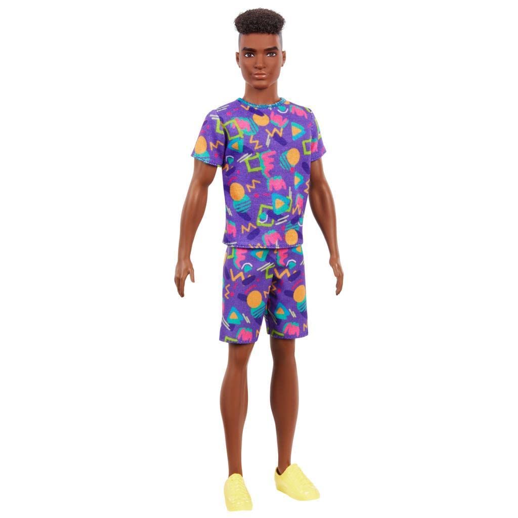 Barbie Ken Fashionistas Doll #162 with Rooted Brunette Hair Wearing Graphic Purple Top, Shorts & Yellow Shoes, Toy for Kids 3 to 8 Years Old