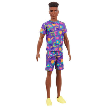 Barbie Ken Fashionistas Doll #162 with Rooted Brunette Hair Wearing Graphic Purple Top, Shorts & Yellow Shoes, Toy for Kids 3 to 8 Years Old