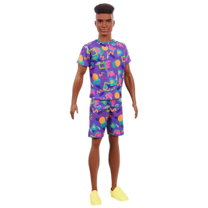 Barbie Ken Fashionistas Doll #162 with Rooted Brunette Hair Wearing Graphic Purple Top, Shorts & Yellow Shoes, Toy for Kids 3 to 8 Years Old