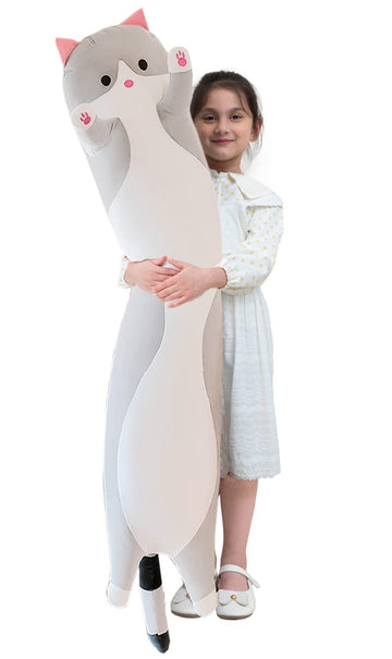 Giant Cat Pillow Plush Cartoon Kitty Sleeping Hugging Pillow, Cuddly Soft Long Kitten Body Pillow Doll Cat Cushion Toy for Kids Girlfriend (Gray