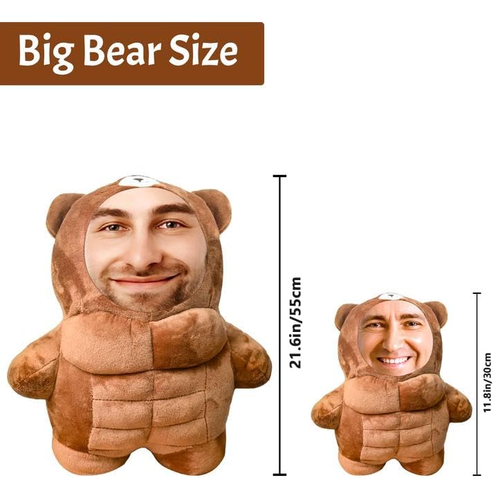Yibairui Personalized Muscle Bear Pillow, Custom Bear Face Photo Pillow Fun Bedding & Sofa Home Decor Gifts for Dad, Mom, Boyfriend, and Girlfriend