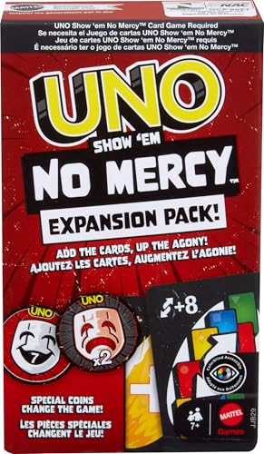Mattel Games UNO Show ‘em No Mercy Expansion Pack with Extra Cards, Coins, Special Rules & Tougher Penalties for Kid, Adult & Family Nights