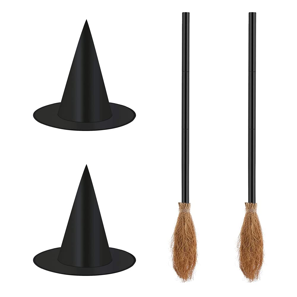 Minelife 4 Pieces Halloween Witch Broom Hat Set, Plastic Witch Broomstick Cosplay Broom Props Halloween Witch Hats for Party Favor