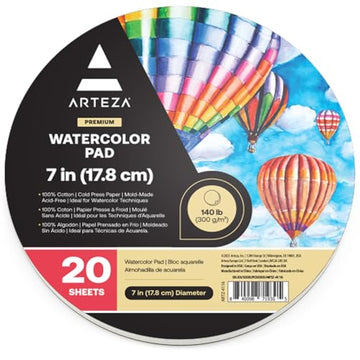 ARTEZA Watercolor Paper, 20 Sheets, 7 Inch Diameter Round Paper Pads, 140lb/300gsm, 100% Cotton, Cold Press, Acid Free Art Paper