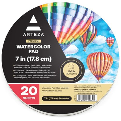 ARTEZA Watercolor Paper, 20 Sheets, 7 Inch Diameter Round Paper Pads, 140lb/300gsm, 100% Cotton, Cold Press, Acid Free Art Paper