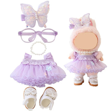 HLIAZJM Clothes for Labubu Doll, 5 Pieces Butterfly Tulle Skirt Purple Outfit Set, Suitable for 15cm & 17cm Dolls